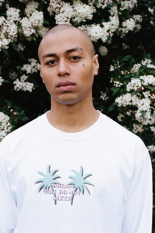 Long Sleeved T-shirt In White With Tropical Palm Tree Print